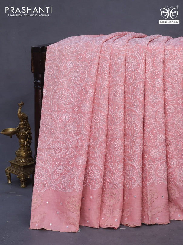 Pure tussar silk saree peach pink with allover lucknowi work and simple border