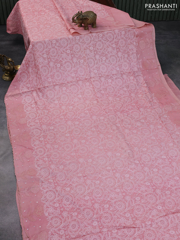 Pure tussar silk saree peach pink with allover lucknowi work and simple border