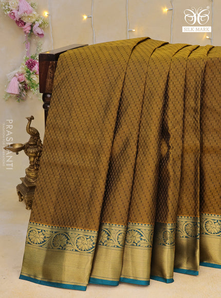 Pure kanchipuram silk saree mehendi green and peacock blue with self emboss & zari weaves and floral zari woven border