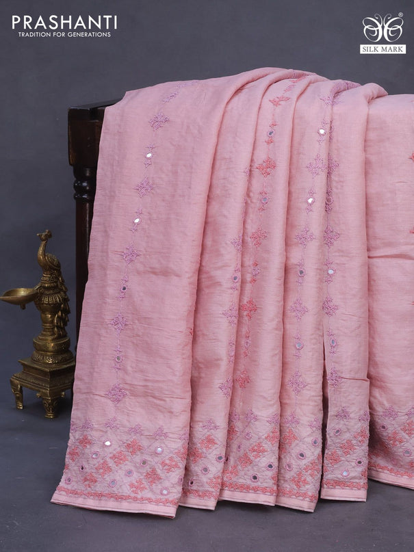 Pure tussar silk saree pastel pink with allover embroidery work and mirror work border