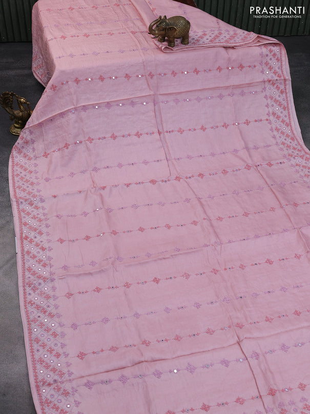 Pure tussar silk saree pastel pink with allover embroidery work and mirror work border