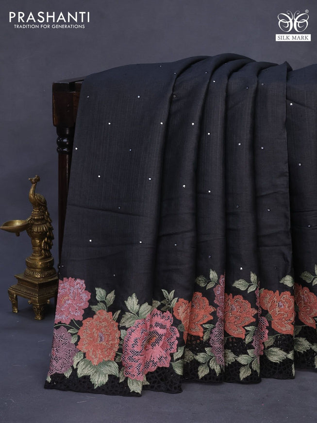 Pure tussar silk saree black with allover mirror work and floral embroidery & cut work border