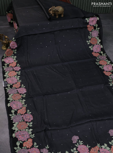 Pure tussar silk saree black with allover mirror work and floral embroidery & cut work border