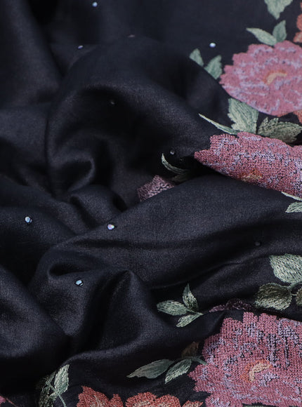 Pure tussar silk saree black with allover mirror work and floral embroidery & cut work border