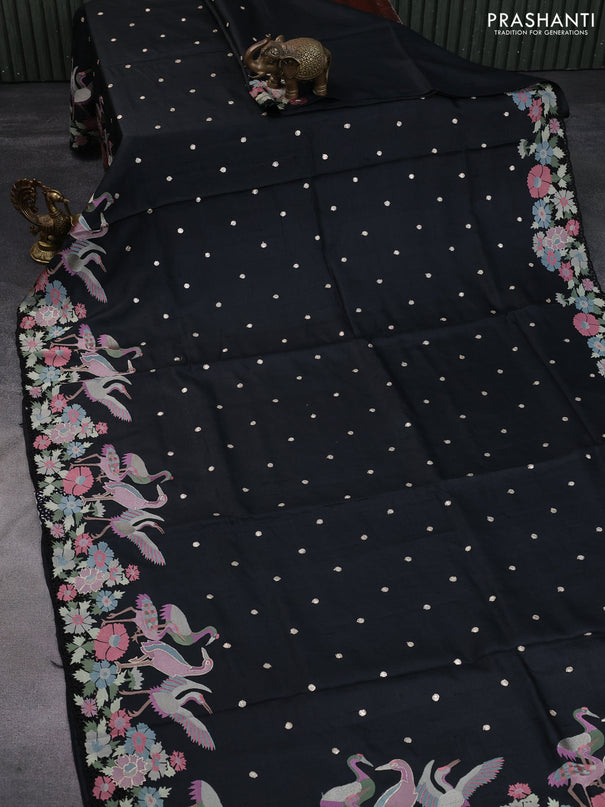 Pure tussar silk saree black with zari woven buttas and embroidery & cut work border