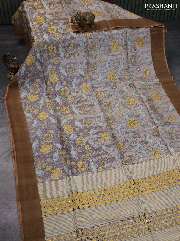 Pure tussar silk saree pastel brown and rust shade with allover prints and cut work pallu