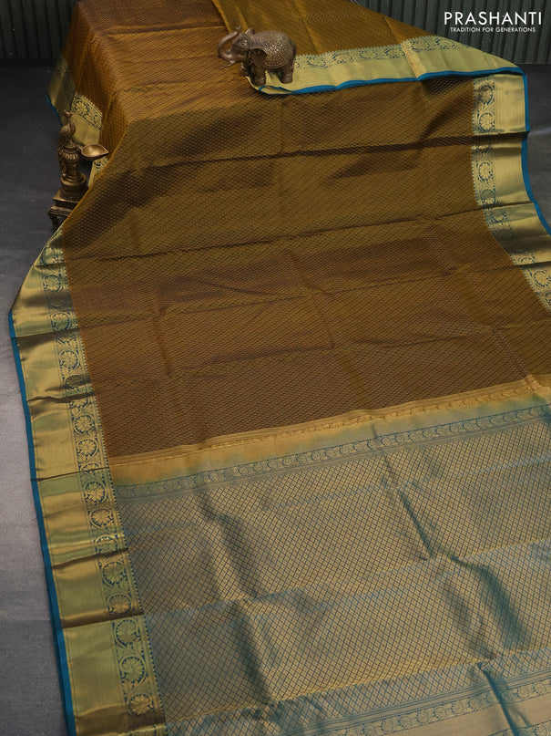 Pure kanchipuram silk saree mehendi green and peacock blue with self emboss & zari weaves and floral zari woven border