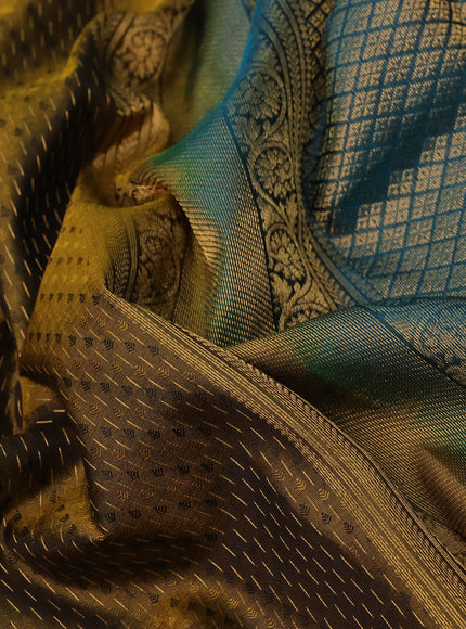 Pure kanchipuram silk saree mehendi green and peacock blue with self emboss & zari weaves and floral zari woven border