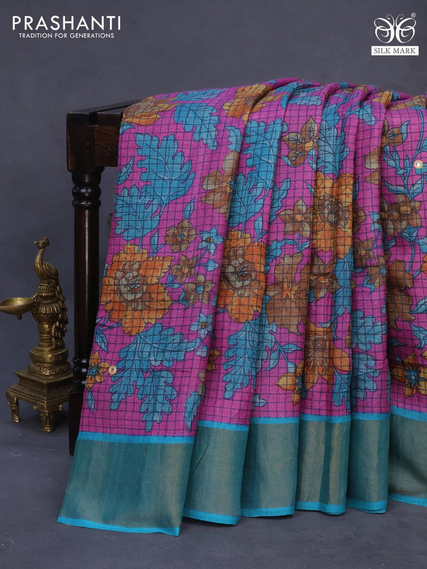 Pure tussar silk saree magenta pink and teal blue with allover prints and zari woven border