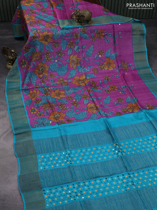 Pure tussar silk saree magenta pink and teal blue with allover prints and zari woven border