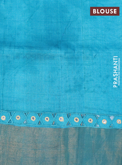 Pure tussar silk saree magenta pink and teal blue with allover prints and zari woven border