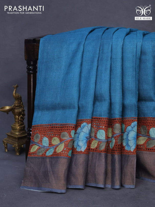 Pure tussar silk saree blue and rust shade with plain body and kalamkari printed cut work border