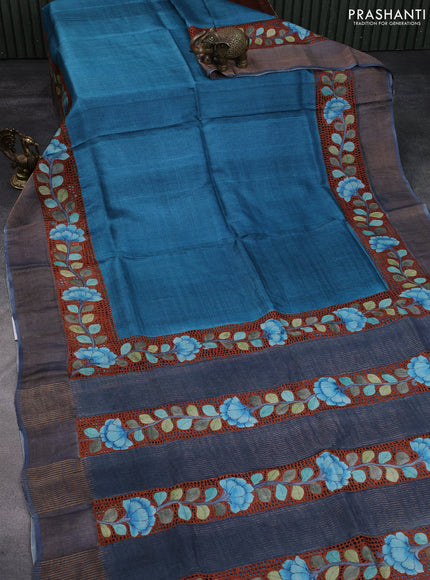 Pure tussar silk saree blue and rust shade with plain body and kalamkari printed cut work border