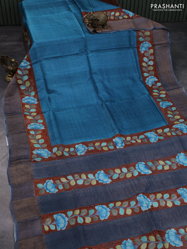 Pure tussar silk saree blue and rust shade with plain body and kalamkari printed cut work border