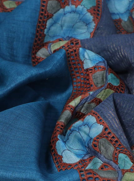 Pure tussar silk saree blue and rust shade with plain body and kalamkari printed cut work border