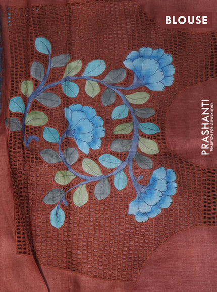 Pure tussar silk saree blue and rust shade with plain body and kalamkari printed cut work border