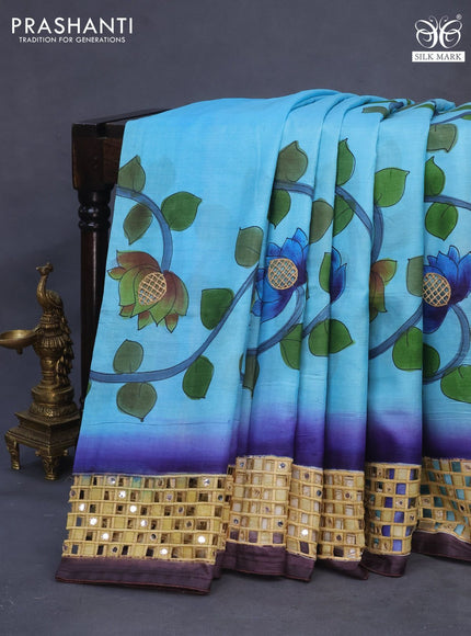 Pure tussar silk saree light blue with kalamkari hand painted prints & cut work and cut work border