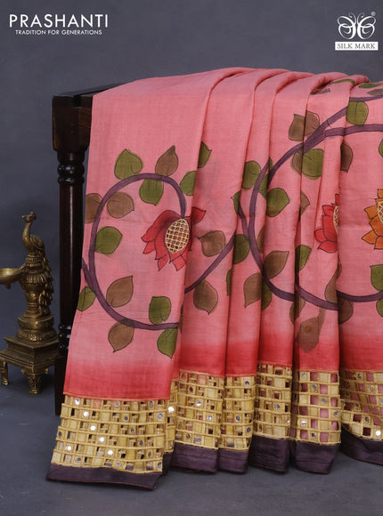 Pure tussar silk saree pink shade and brown with kalamkari hand painted prints & cut work and cut work border