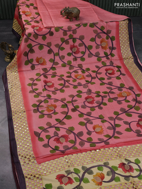 Pure tussar silk saree pink shade and brown with kalamkari hand painted prints & cut work and cut work border