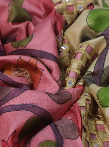 Pure tussar silk saree pink shade and brown with kalamkari hand painted prints & cut work and cut work border