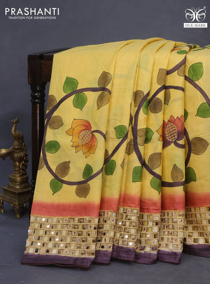 Pure tussar silk saree yellow and brown with kalamkari hand painted prints & cut work and cut work border