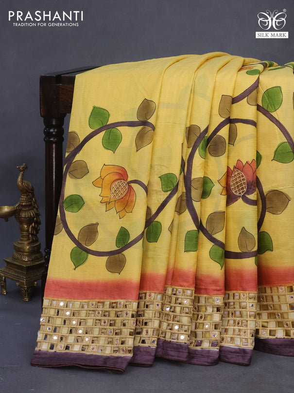 Pure tussar silk saree yellow and brown with kalamkari hand painted prints & cut work and cut work border