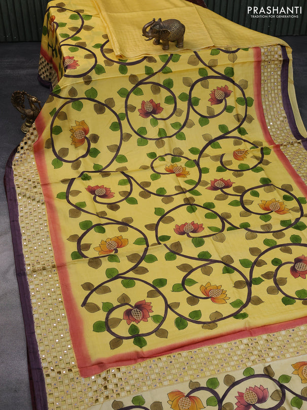 Pure tussar silk saree yellow and brown with kalamkari hand painted prints & cut work and cut work border