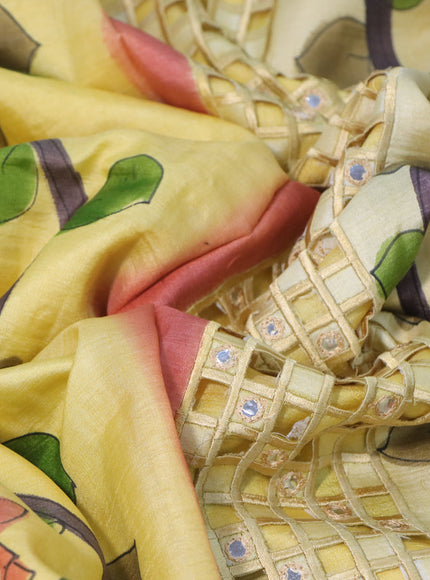 Pure tussar silk saree yellow and brown with kalamkari hand painted prints & cut work and cut work border