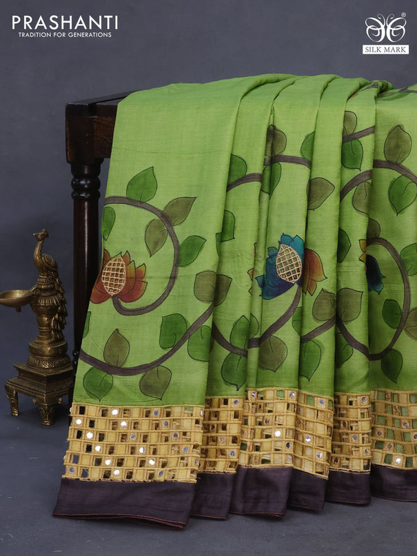 Pure tussar silk saree light green and brown with kalamkari hand painted prints & cut work and cut work border