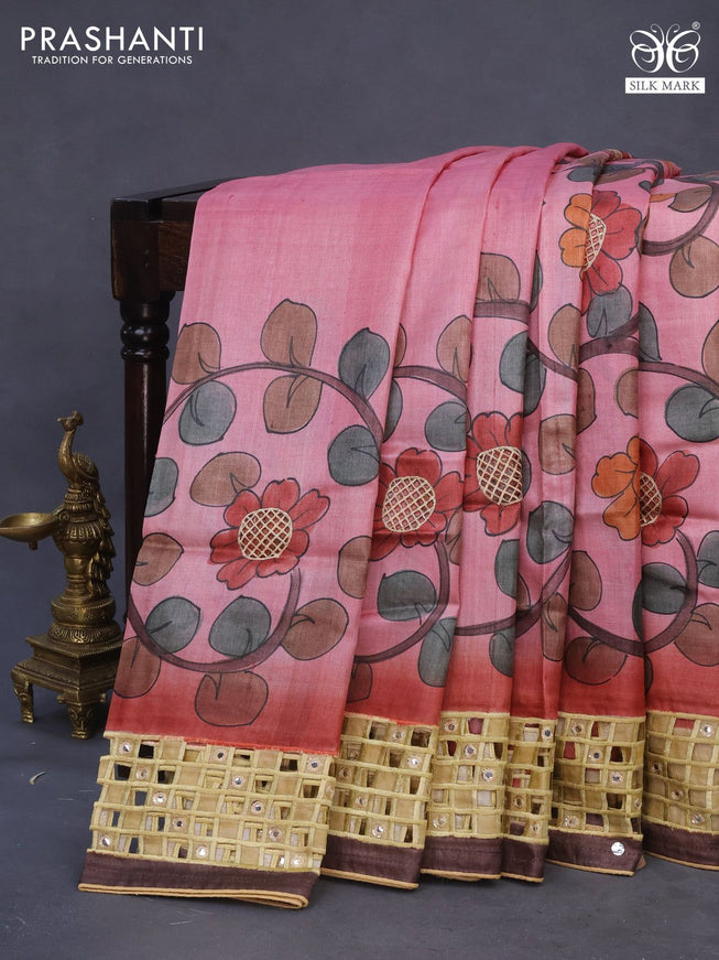 Pure tussar silk saree pink shade and rust shade with kalamkari hand painted prints & cut work and cut work border