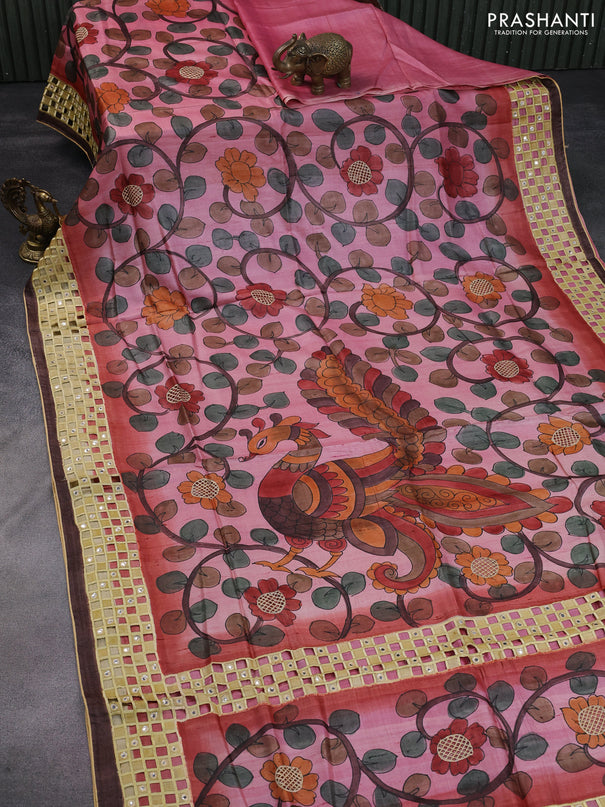 Pure tussar silk saree pink shade and rust shade with kalamkari hand painted prints & cut work and cut work border