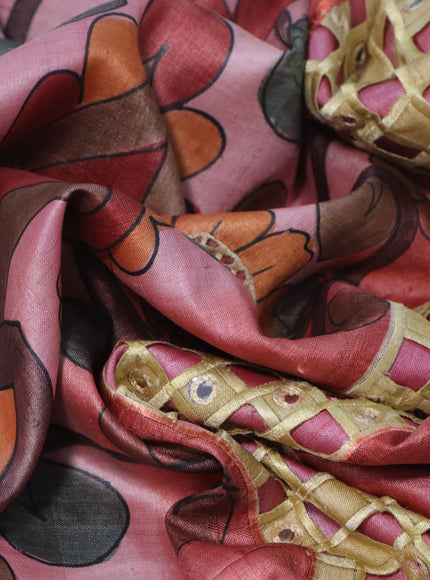 Pure tussar silk saree pink shade and rust shade with kalamkari hand painted prints & cut work and cut work border