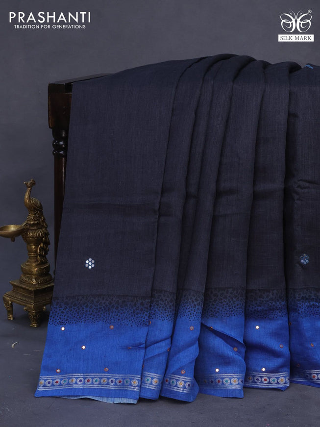 Pure tussar silk saree black and blue with plain body and mirror work zari border