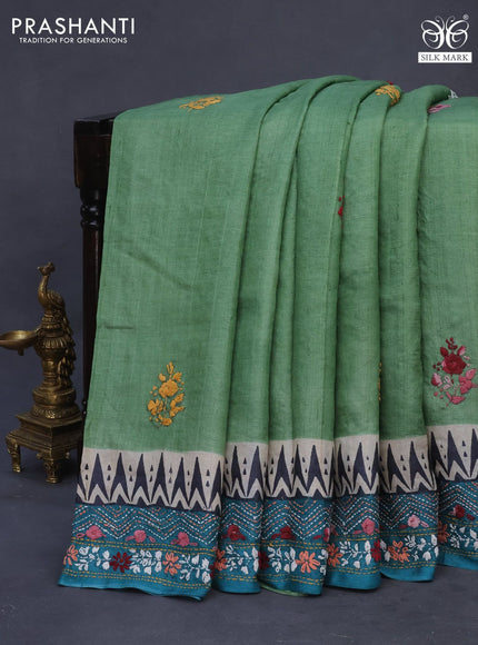 Pure tussar silk saree pastel green and teal blue black with allover kantha stitch work and simple border