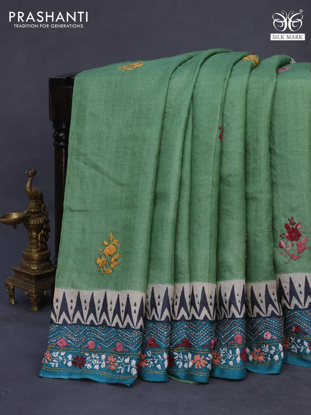 Pure tussar silk saree pastel green and teal blue black with allover kantha stitch work and simple border