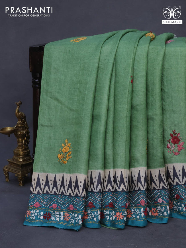 Pure tussar silk saree pastel green and teal blue black with allover kantha stitch work and simple border