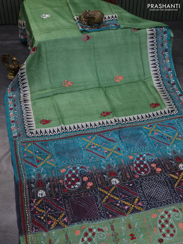 Pure tussar silk saree pastel green and teal blue black with allover kantha stitch work and simple border