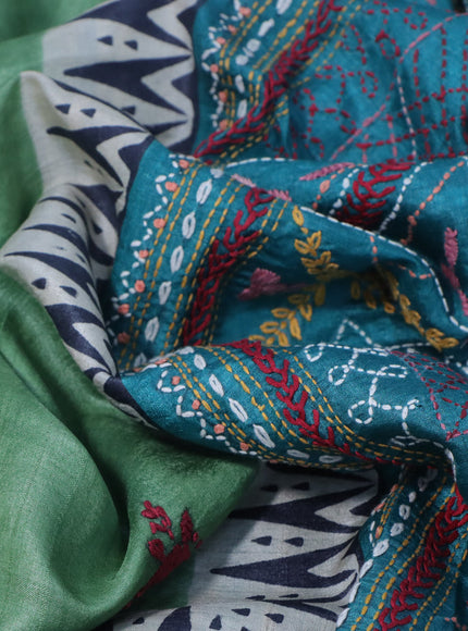 Pure tussar silk saree pastel green and teal blue black with allover kantha stitch work and simple border