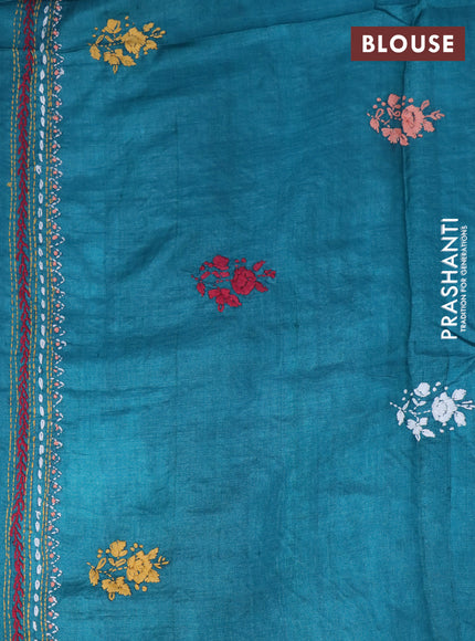 Pure tussar silk saree pastel green and teal blue black with allover kantha stitch work and simple border