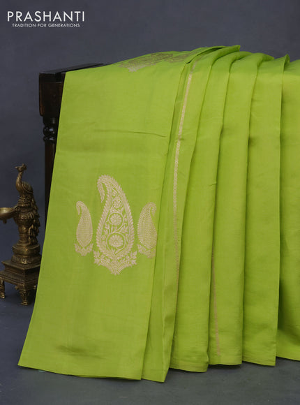 Poona silk saree lime green with paisley zari woven buttas in borderless style