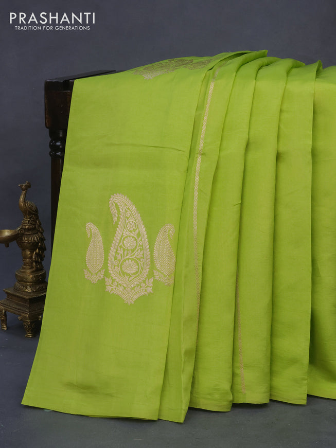 Poona silk saree lime green with paisley zari woven buttas in borderless style