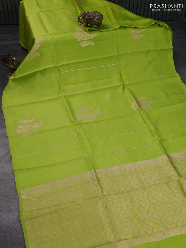 Poona silk saree lime green with paisley zari woven buttas in borderless style