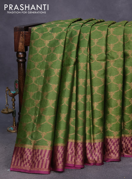 Banarasi tussar silk saree mehendi green and deep purple with allover thread & zari weaves and banarasi style border