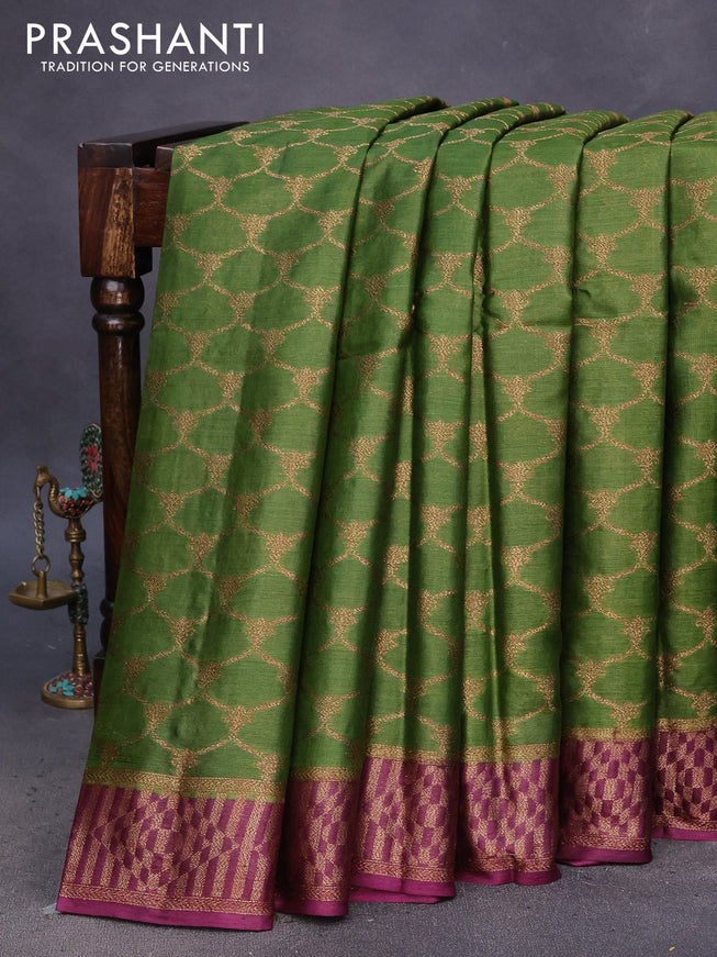 Banarasi tussar silk saree mehendi green and deep purple with allover thread & zari weaves and banarasi style border