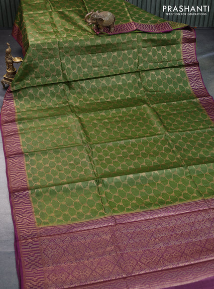 Banarasi tussar silk saree mehendi green and deep purple with allover thread & zari weaves and banarasi style border