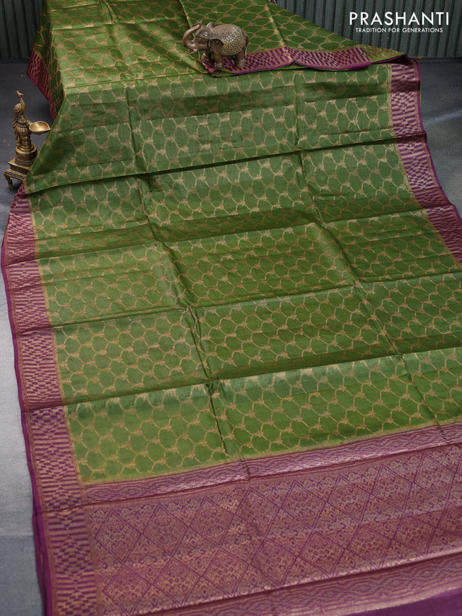 Banarasi tussar silk saree mehendi green and deep purple with allover thread & zari weaves and banarasi style border