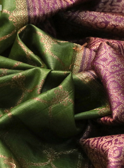 Banarasi tussar silk saree mehendi green and deep purple with allover thread & zari weaves and banarasi style border