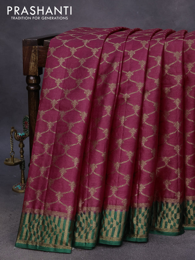 Banarasi tussar silk saree maroon and green with allover thread & zari weaves and banarasi style border