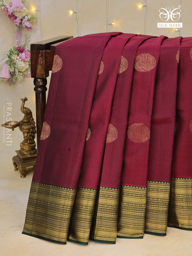 Pure kanchipuram silk saree maroon and green with allover self emboss & annam buttas and zari woven border