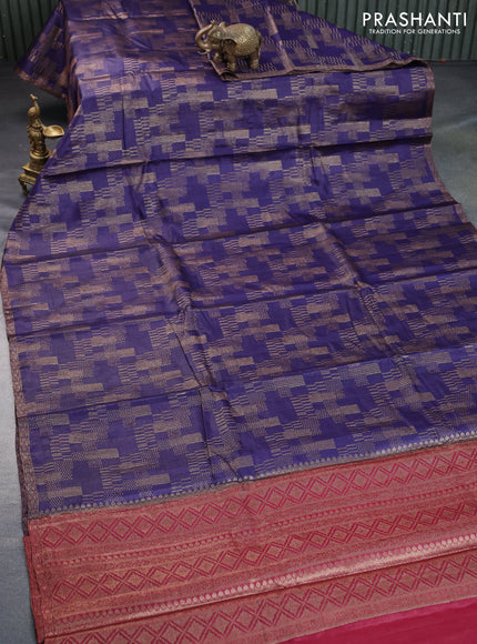 Banarasi tussar silk saree blue and maroon with allover thread & zari weaves and piping border